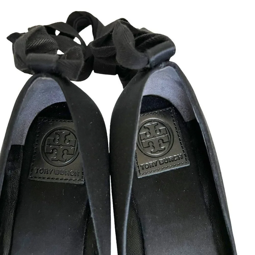 Tory Burch Heather Satin Wedge Espadrille In Black Size 6.5